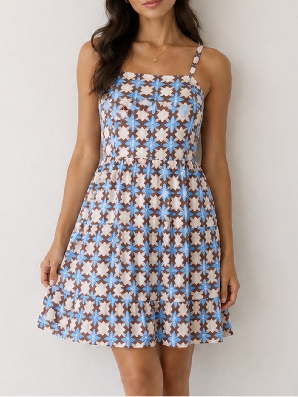 LOFT Sunwashed Floral Geometric Tiered Blue Brown Cami Dress